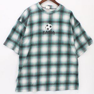 Vintage Zama Sports Shirt Mens Gray Plaid Short Sleeve Soccer Ball Graphic USA X